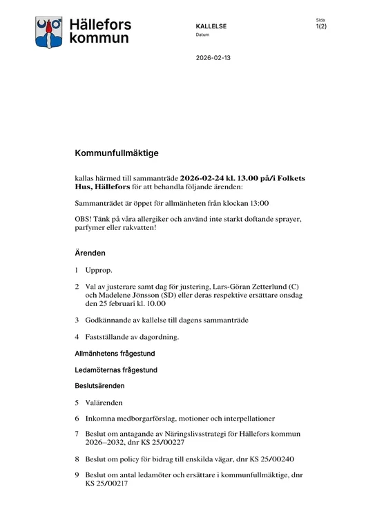 F&ouml;rsta sidan av en kallelse till kommunfullm&auml;ktige